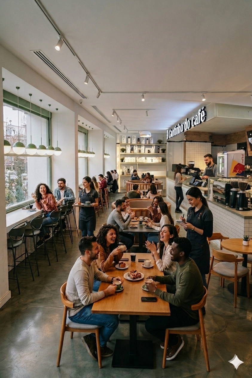 Vista interna da cafeteria Cantinho do Café com clientes aproveitando o ambiente acolhedor e decoração rústica em tons de marrom e verde.